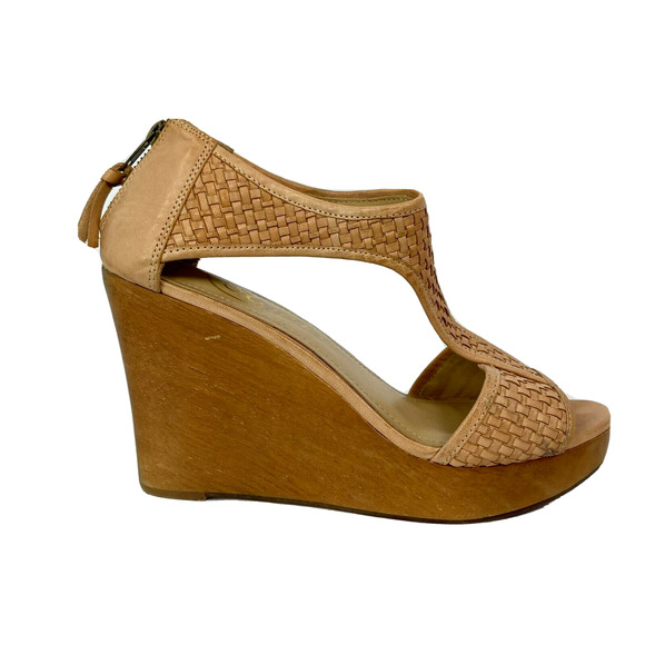 Rowen Sandals Womens‎ Sz 10 Beige Woven Leather Wooden Wedge Heel T Strap Zip - Picture 1 of 7